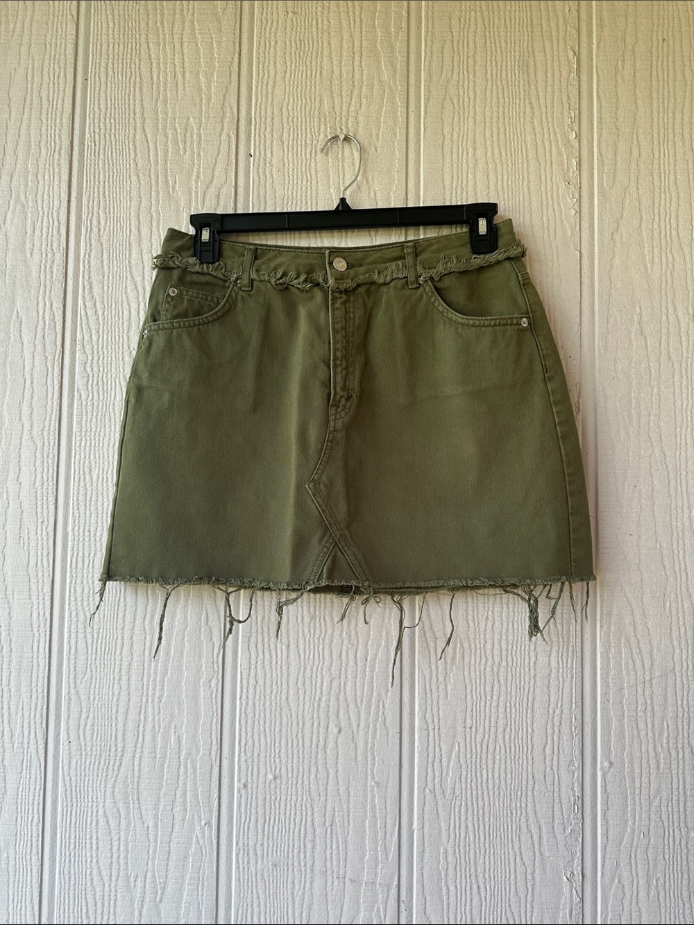 Topshop Olive Green Frayed Hem Denim Mini Skirt